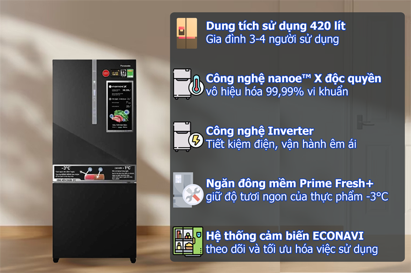 Tủ lạnh Panasonic Inverter 420 lít NR-BX471XGKV với thiết kế mặt gương sang trọng