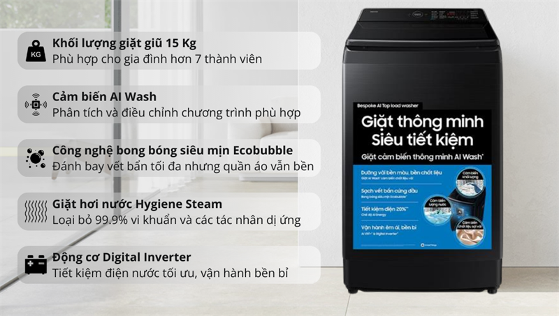 Máy giặt Samsung Inverter 15 kg WA80F15B6BSV 2025 - Công nghệ giặt thông minh