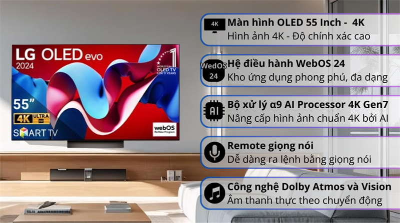 Smart Tivi OLED Evo LG 55C4PSA với công nghệ xử lý hình ảnh AI đỉnh cao