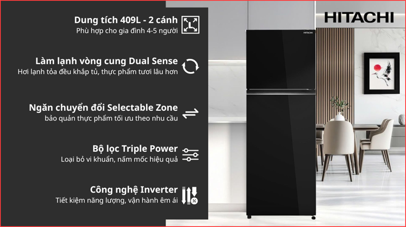 Tủ Lạnh Hitachi Inverter 407 Lít HRTN6443SAGBKVN - Thái Lan